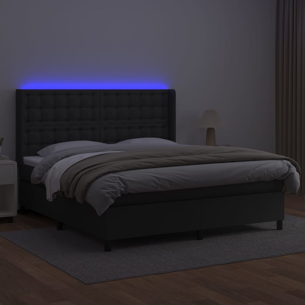 Giroletto a Molle con Materasso e LED Nero 180x200cm Similpelle