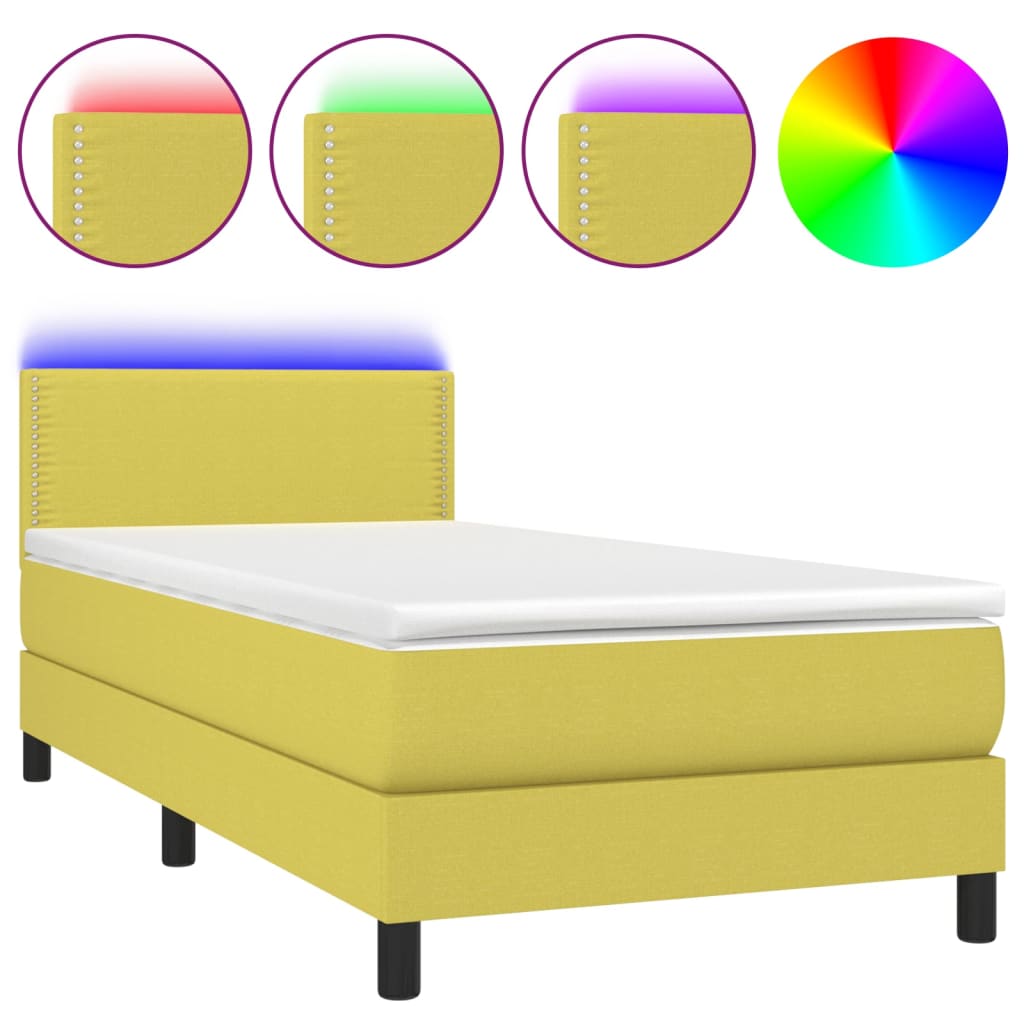 Letto a Molle con Materasso e LED Verde 100x200cm in Tessuto