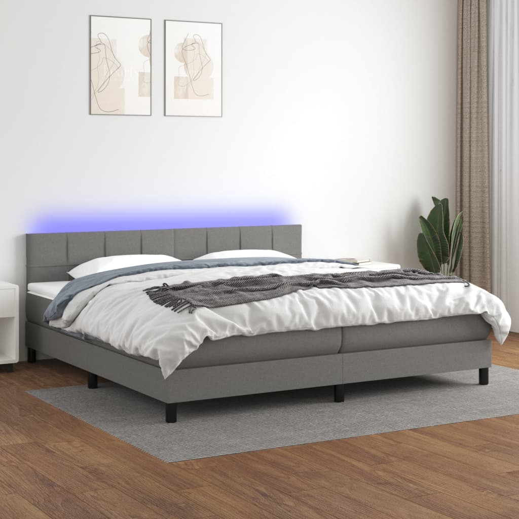 Letto a Molle Materasso e LED Grigio Scuro 200x200cm in Tessuto