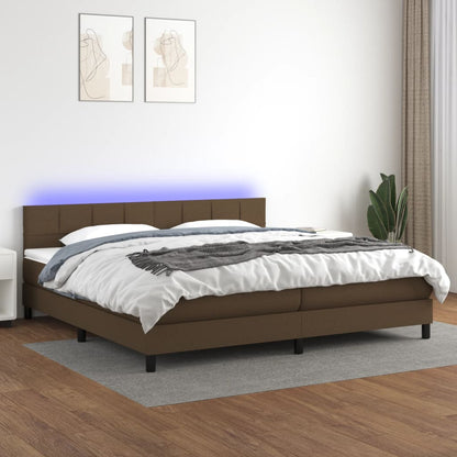 Letto a Molle Materasso e LED Marronescuro 200x200cm in Tessuto