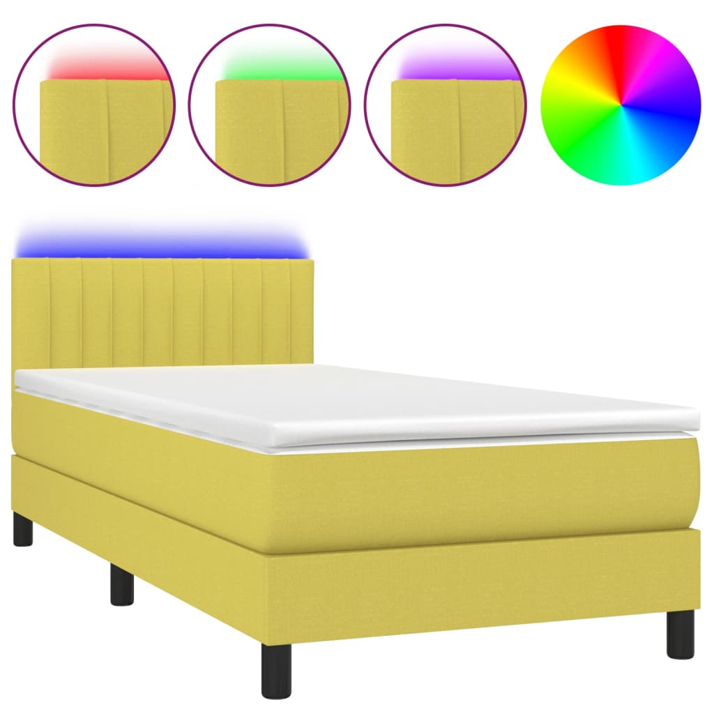 Letto a Molle con Materasso e LED Verde 100x200cm in Tessuto