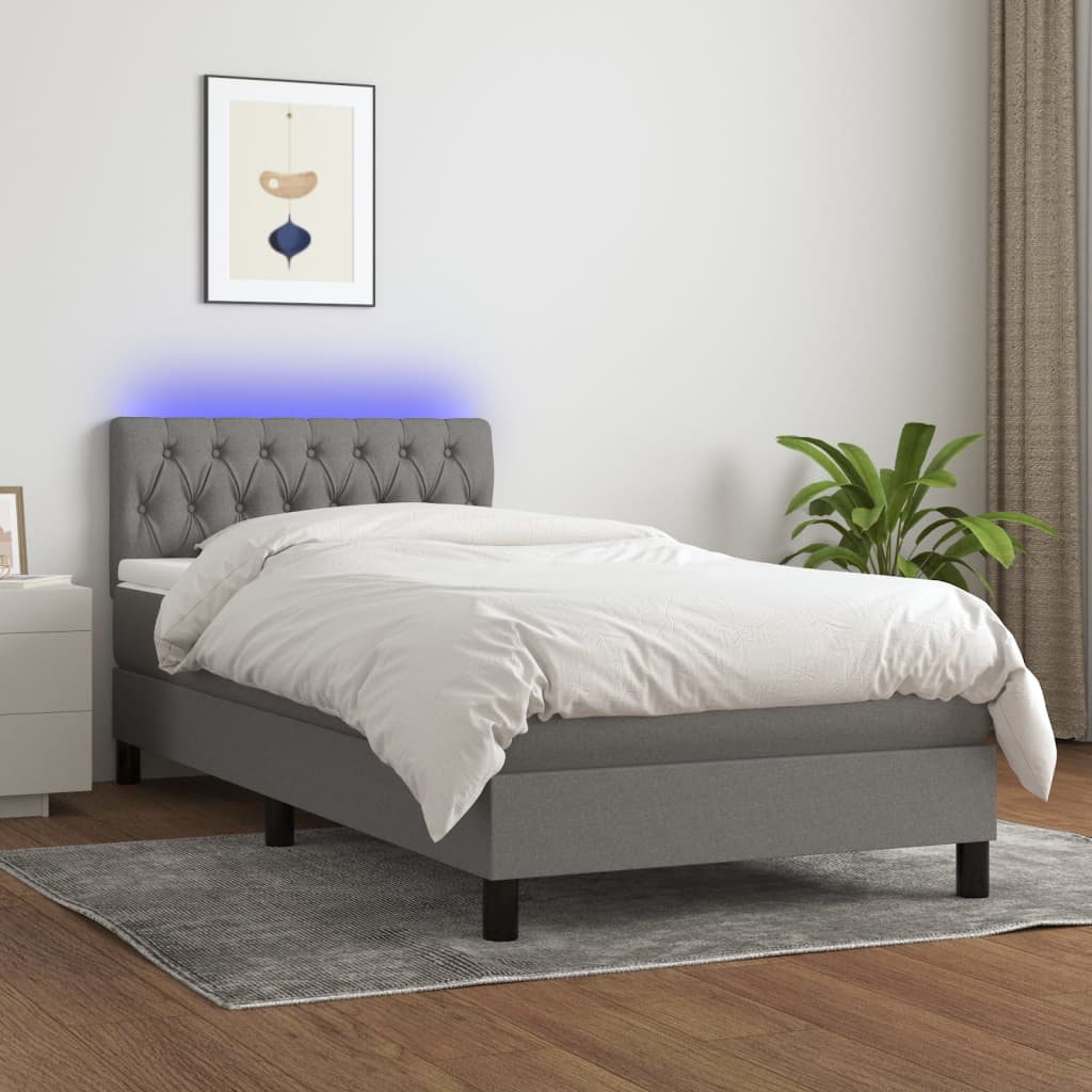 Letto a Molle Materasso e LED Grigio Scuro 90x200 cm in Tessuto