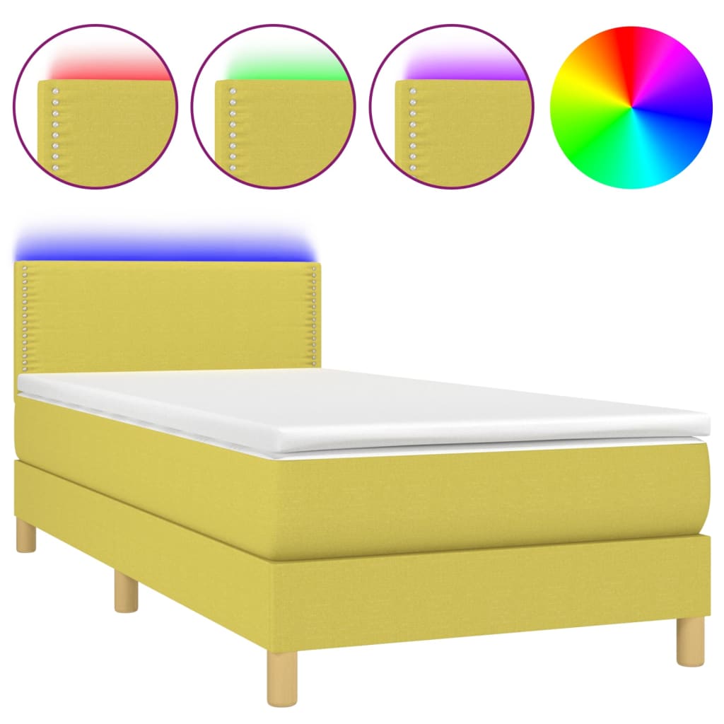 Letto a Molle con Materasso e LED Verde 100x200cm in Tessuto