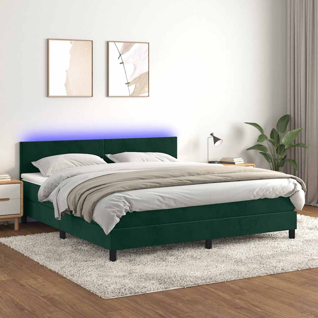 Letto a Molle con Materasso e LED Verde Scuro 160x200cm Velluto