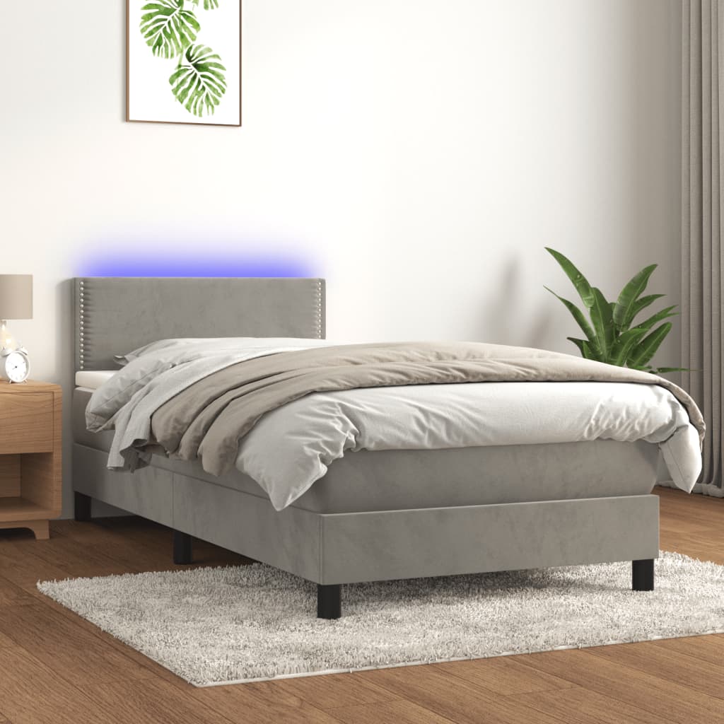 Letto a Molle con Materasso e LED Grigio Chiaro 90x200 cm Velluto