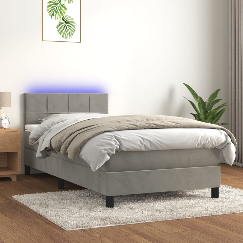 Letto a Molle con Materasso e LED Grigio Chiaro 100x200 cm Velluto