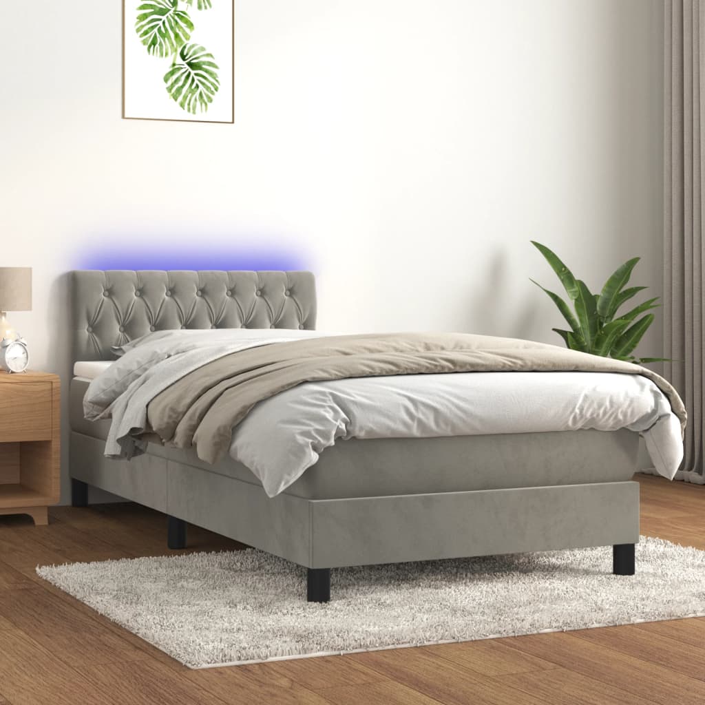 Letto a Molle con Materasso e LED Grigio Chiaro 100x200 cm Velluto