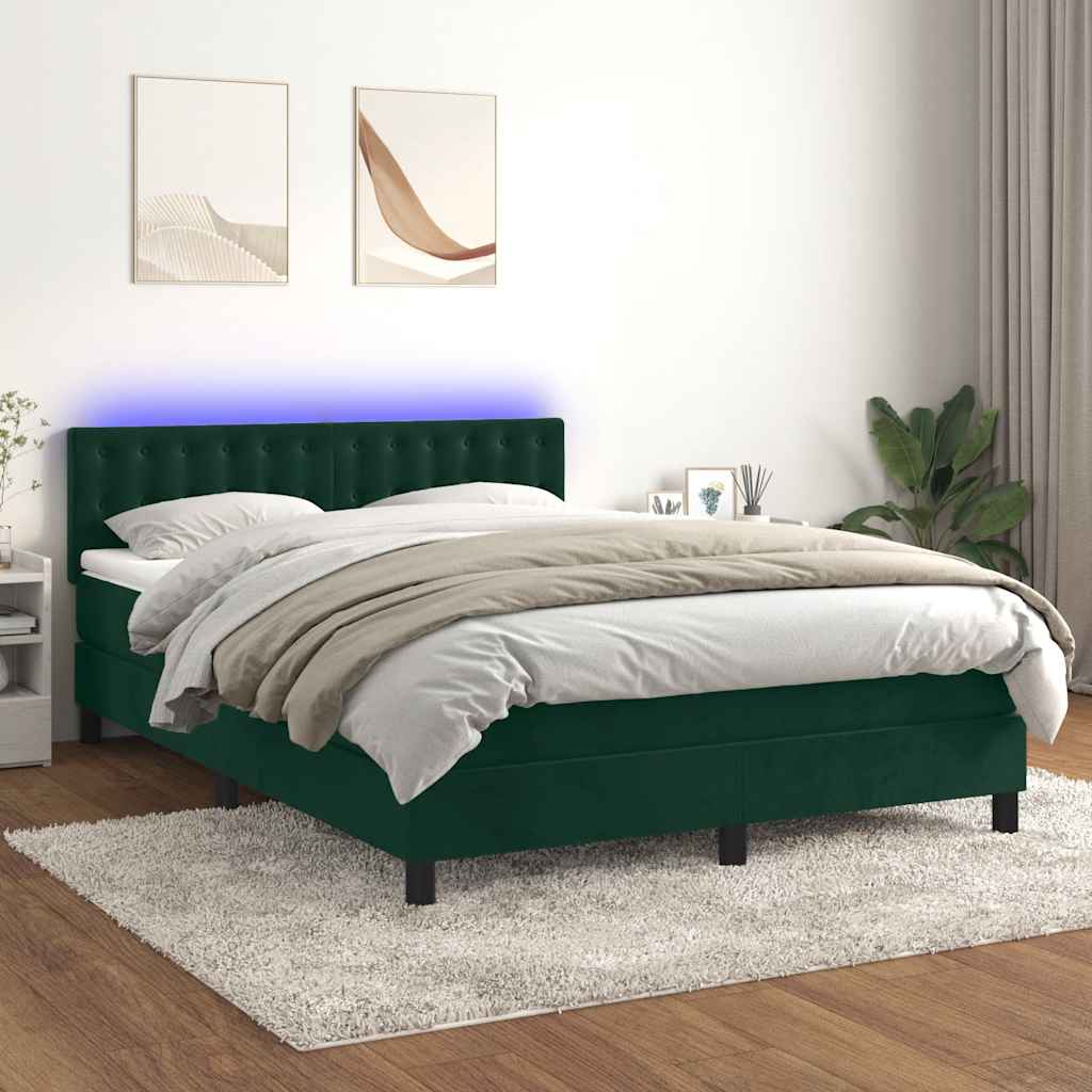 Letto a Molle con Materasso e LED Verde Scuro 140x190cm Velluto