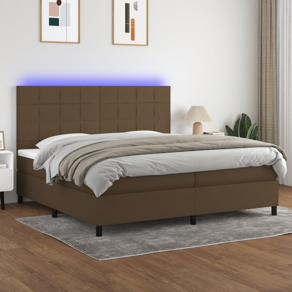 Letto a Molle Materasso e LED Marronescuro 200x200cm in Tessuto