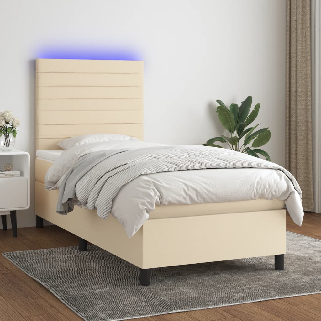 Letto a Molle con Materasso e LED Crema 100x200cm in Tessuto