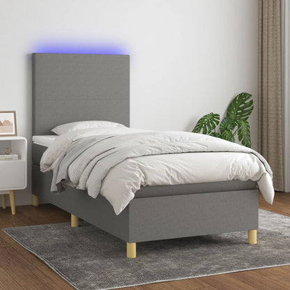 Letto a Molle Materasso e LED Grigio Scuro 100x200cm in Tessuto