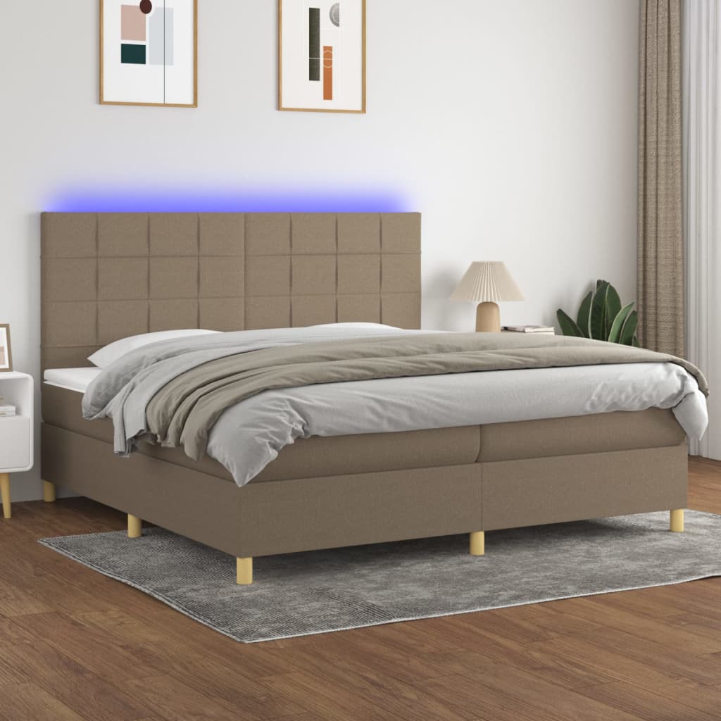 Letto a Molle Materasso e LED tortora 200x200cm in Tessuto