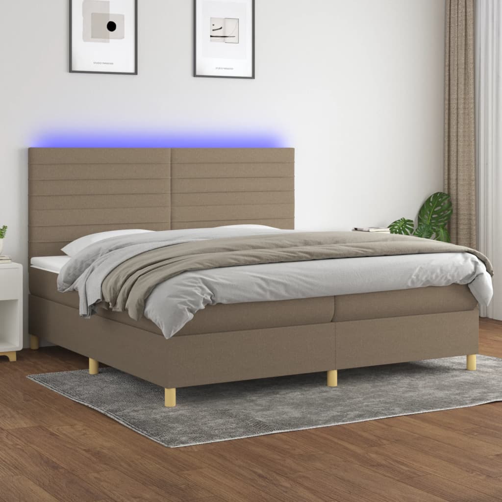 Letto a Molle Materasso e LED tortora 200x200cm in Tessuto