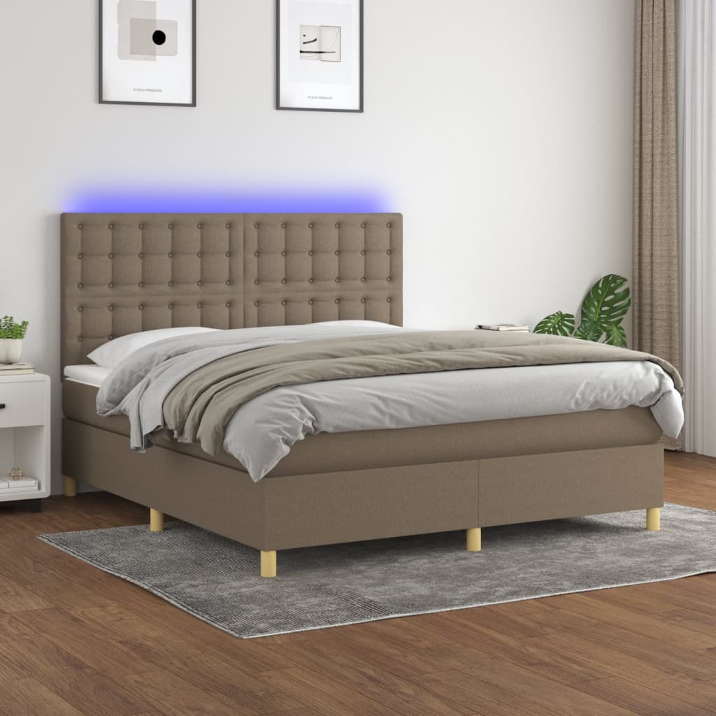 Letto a Molle con Materasso e LED Tortora 180x200 cm in Tessuto