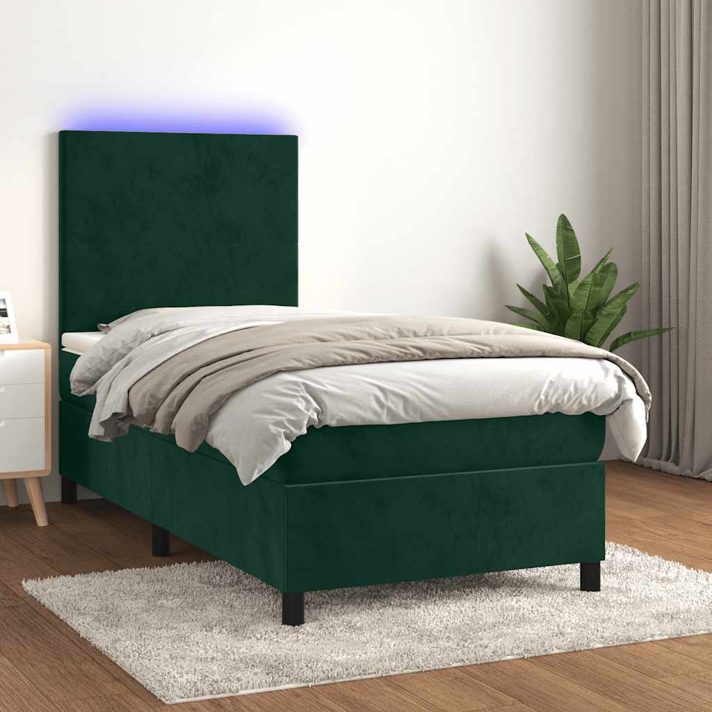 Letto a Molle con Materasso e LED Verde Scuro 80x200cm Velluto