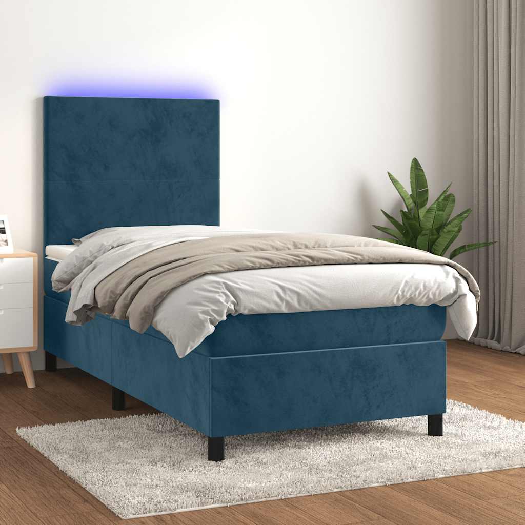 Letto a Molle con Materasso e LED Blu Scuro 80x200cm in Velluto
