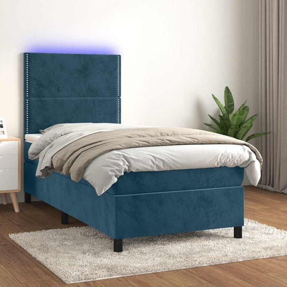 Letto a Molle con Materasso e LED Blu Scuro 90x200cm in Velluto