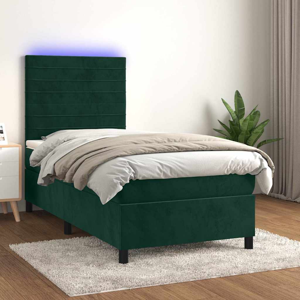 Letto a Molle con Materasso e LED Verde Scuro 90x190 cm Velluto