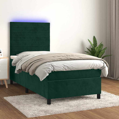 Letto a Molle con Materasso e LED Verde Scuro 90x200cm Velluto
