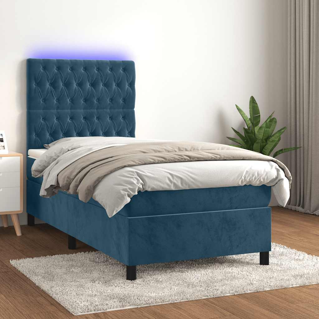 Letto a Molle con Materasso e LED Blu Scuro 80x200cm in Velluto
