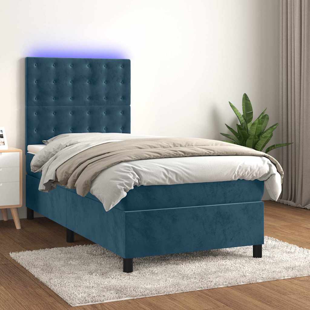 Letto a Molle con Materasso e LED Blu Scuro 100x200 cm