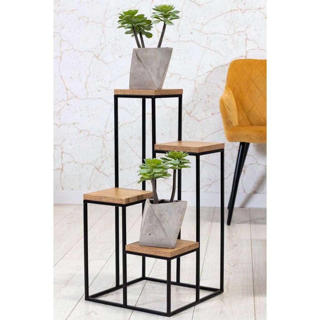 Home&Styling Supporto per Piante con 4 Ripiani Naturale e Nero