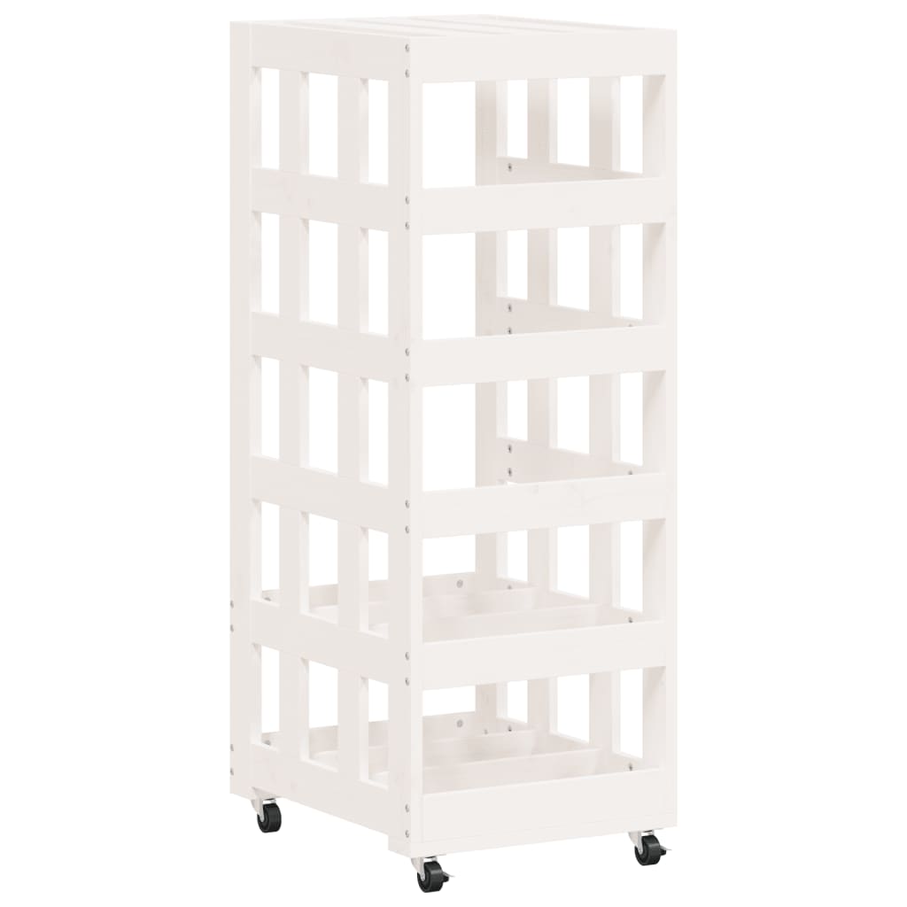 Portalegna con Ruote Bianco 40x49x110 cm Legno Massello di Pino