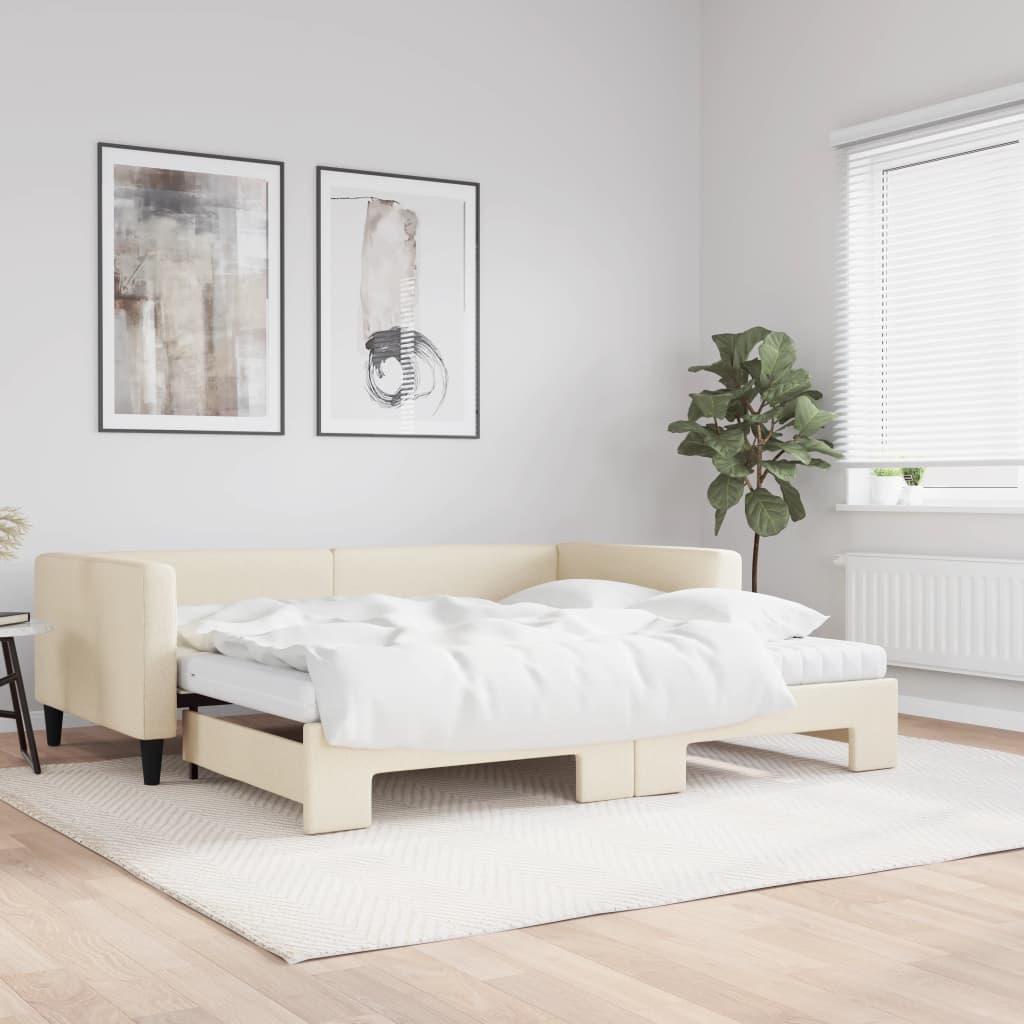 Divano Letto Estraibile con Materassi Crema 100x200 cm Tessuto