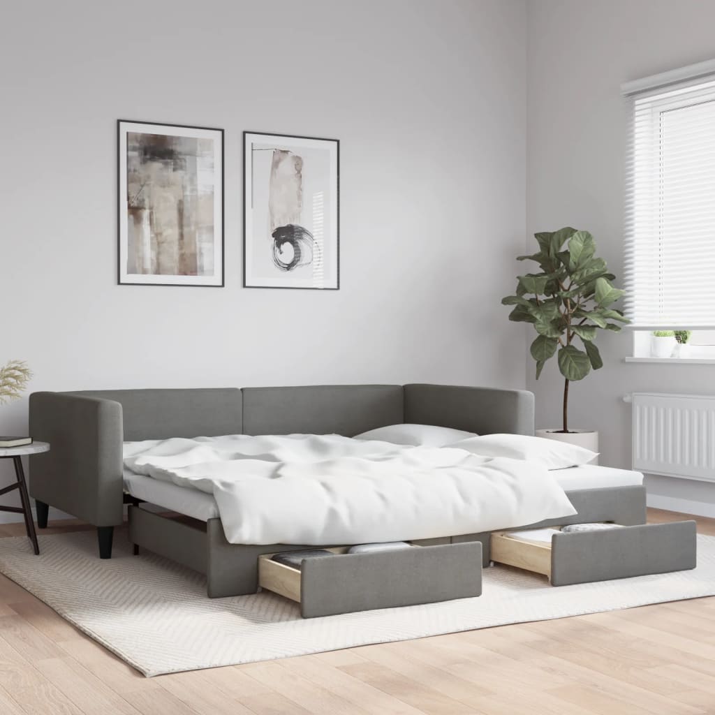 Divano Letto Estraibile Cassetti Grigio Scuro 100x200cm Tessuto