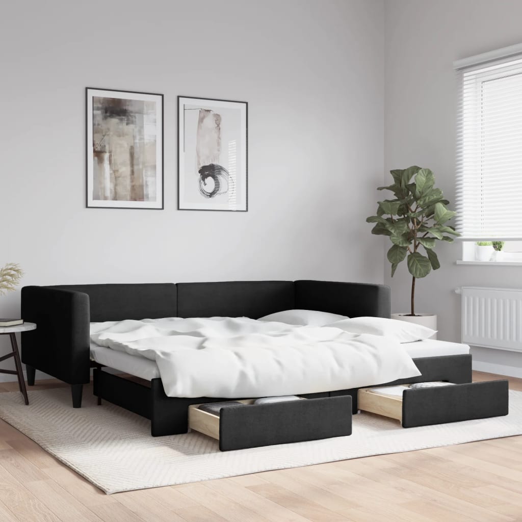 Divano Letto Estraibile con Cassetti Nero 100x200 cm in Tessuto