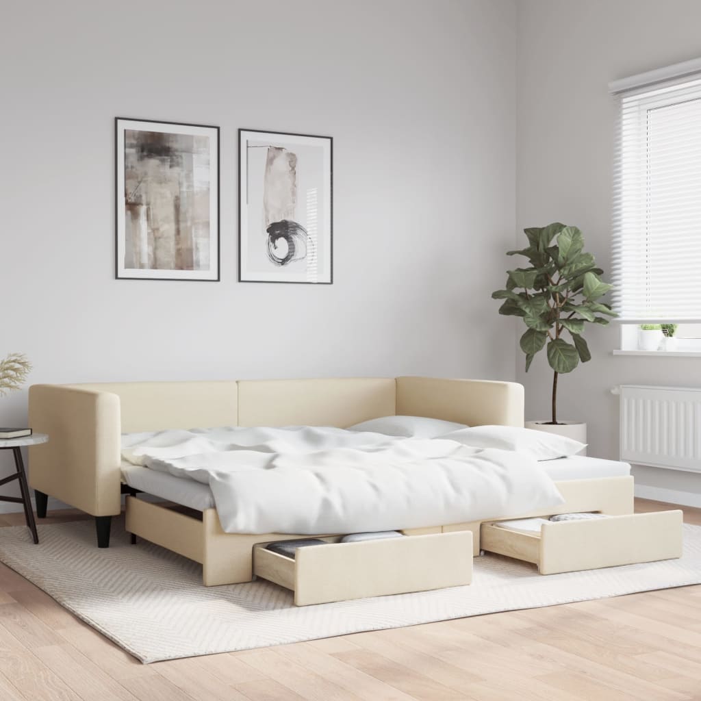 Divano Letto Estraibile con Cassetti Crema 100x200cm in Tessuto