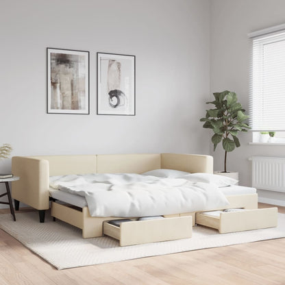Divano Letto Estraibile con Cassetti Crema 100x200cm in Tessuto