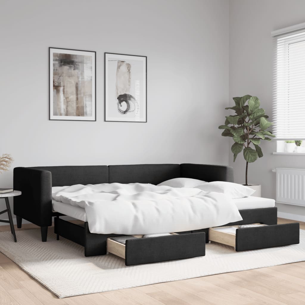 Divano Letto Estraibile con Cassetti Nero 90x190 cm in Tessuto