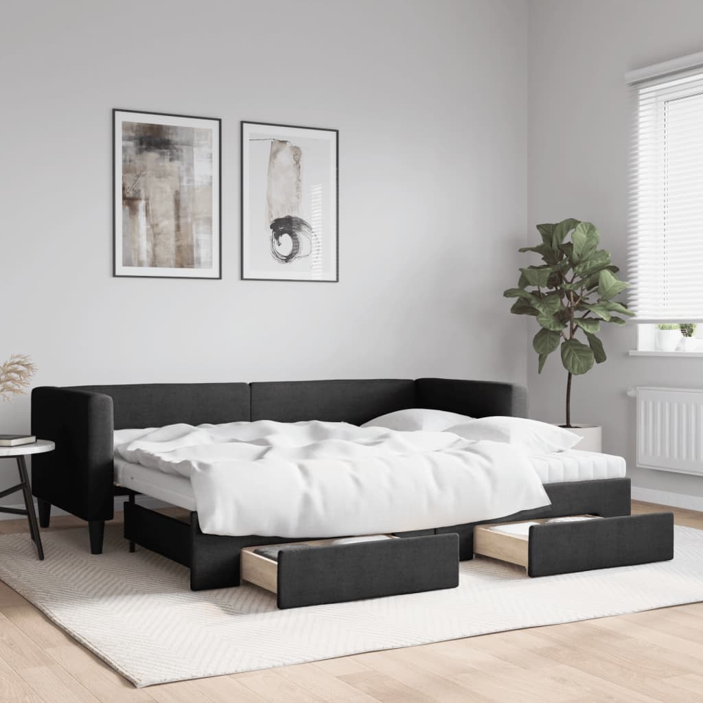 Divano Letto Estraibile con Cassetti Nero 80x200 cm in Tessuto