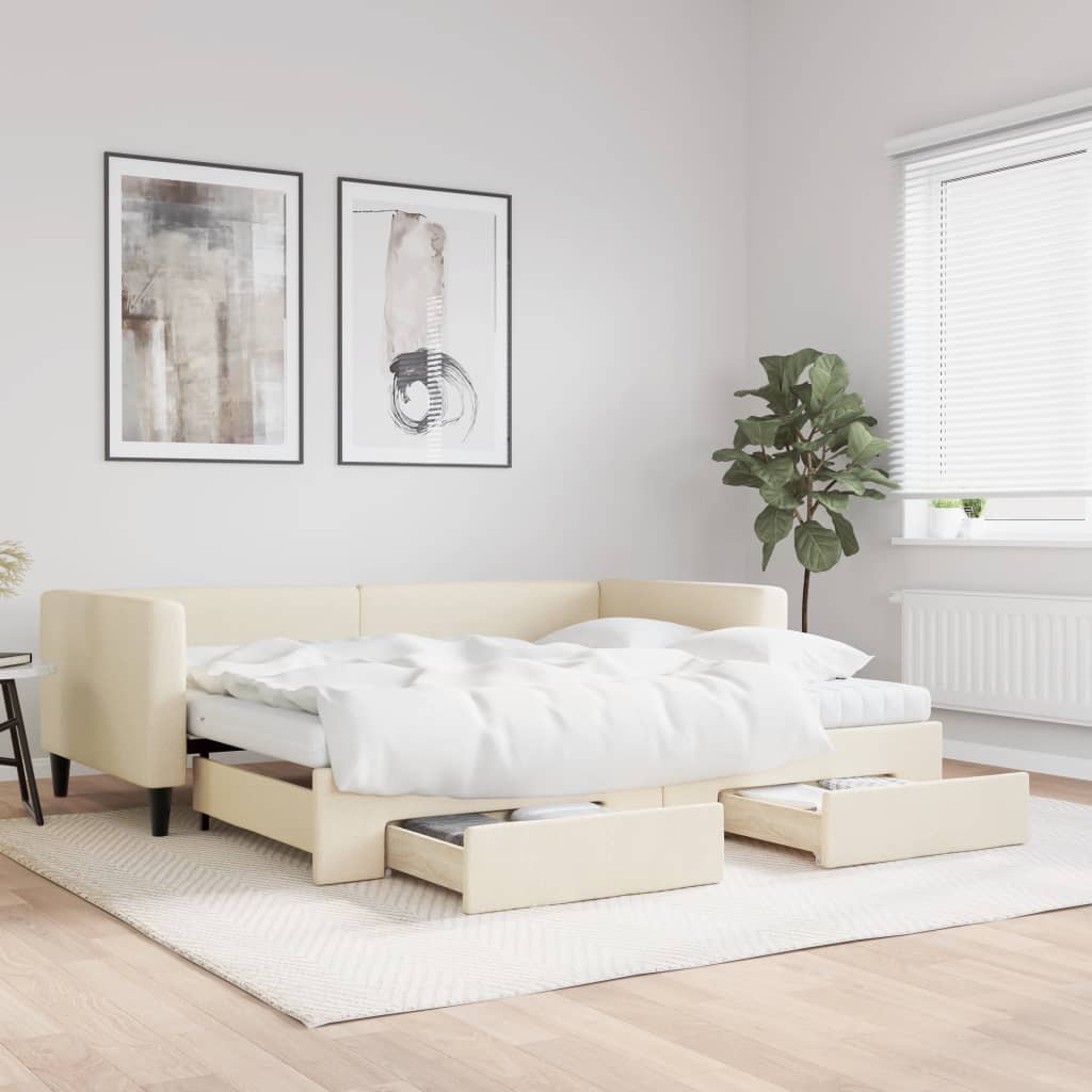 Divano Letto Estraibile con Cassetti Crema 90x200 cm in Tessuto