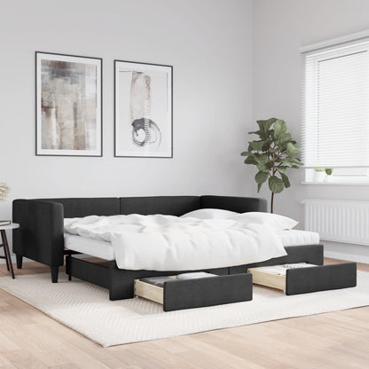Divano Letto Estraibile con Cassetti Nero 100x200 cm in Tessuto