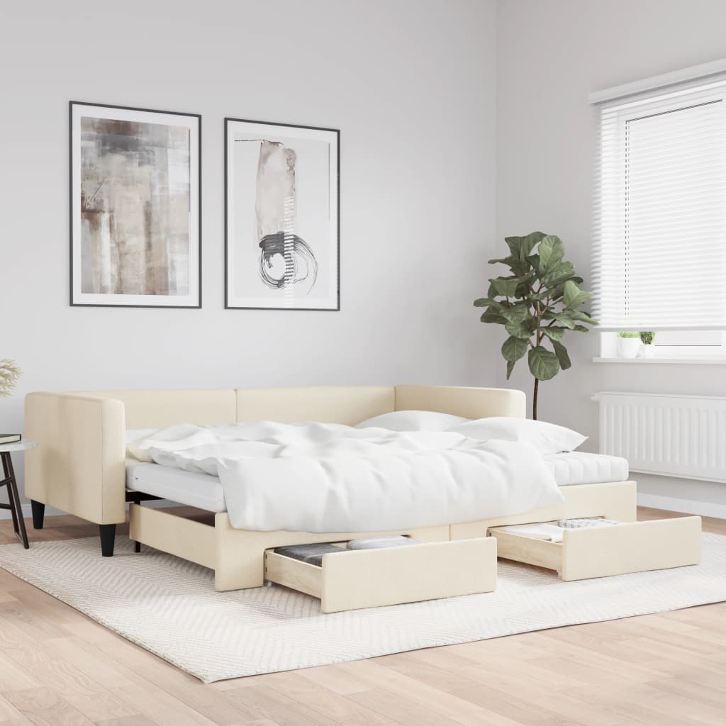 Divano Letto Estraibile con Cassetti Crema 100x200cm in Tessuto