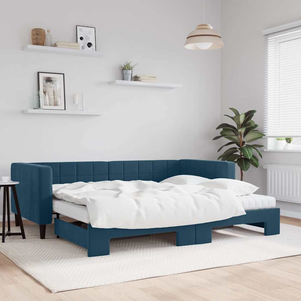 Divano Letto Estraibile con Materassi Blu 90x200 cm Velluto