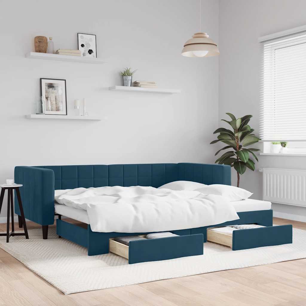 Divano Letto Estraibile con Cassetti Blu 90x200 cm in Velluto