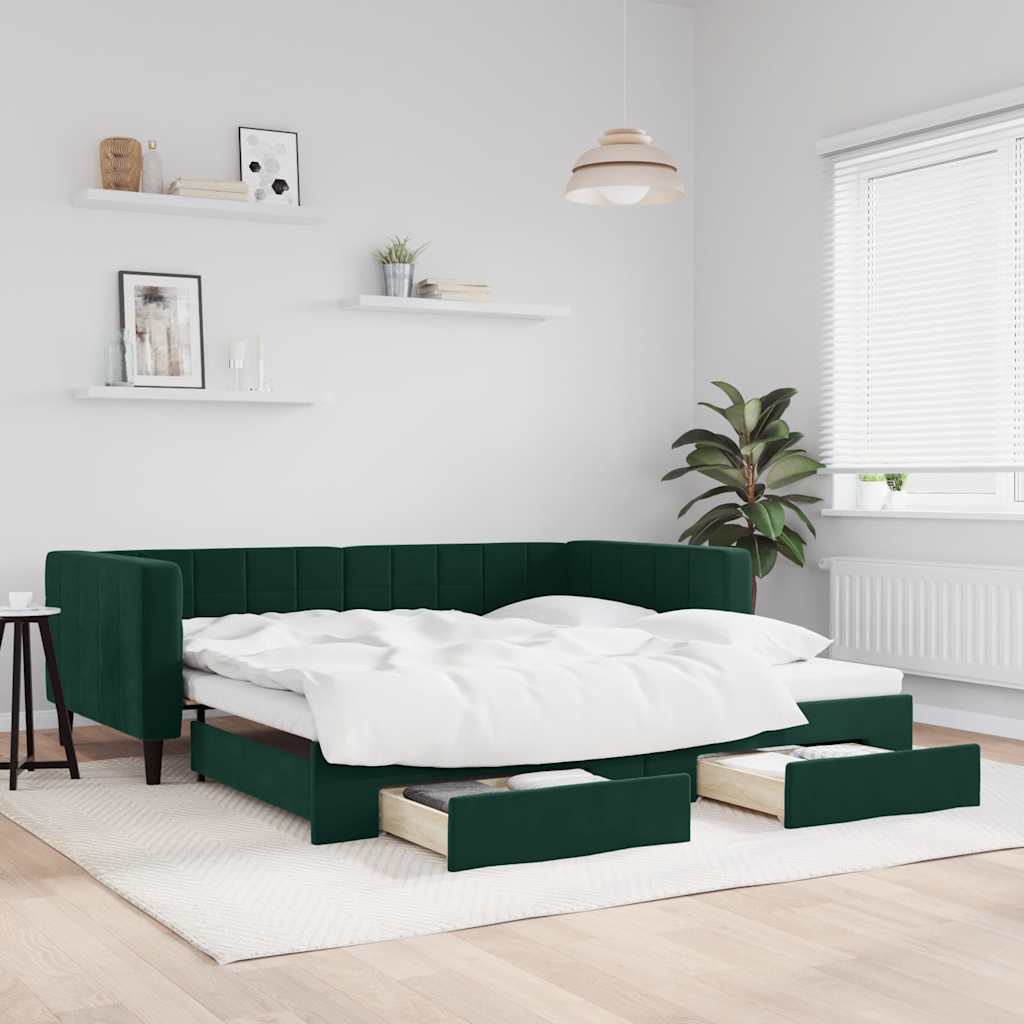 Divano Letto Estraibile Cassetti Verde Scuro 100x200cm Velluto