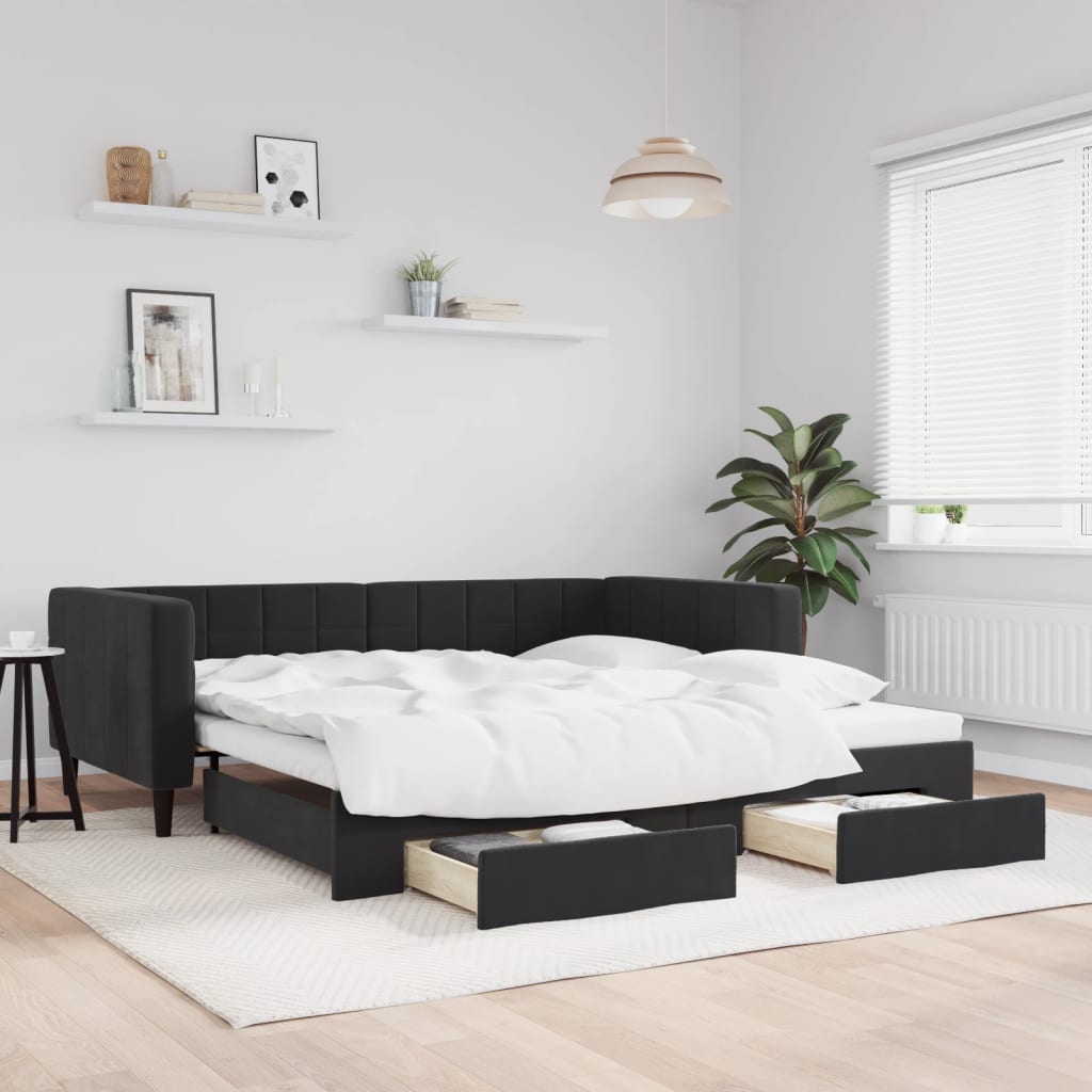 Divano Letto Estraibile con Cassetti Nero 100x200 cm in Velluto