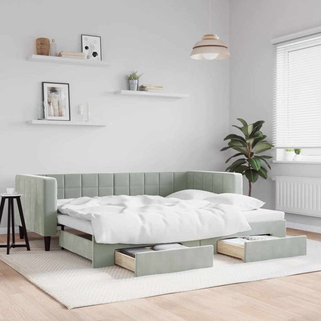 Divano Letto Estraibile Cassetti Grigio Chiaro 90x190cm Velluto