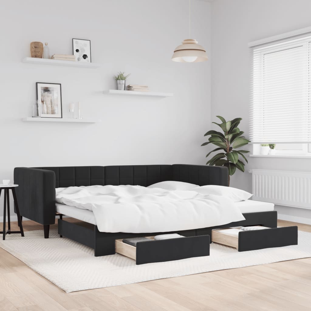 Divano Letto Estraibile con Cassetti Nero 90x190 cm in Velluto