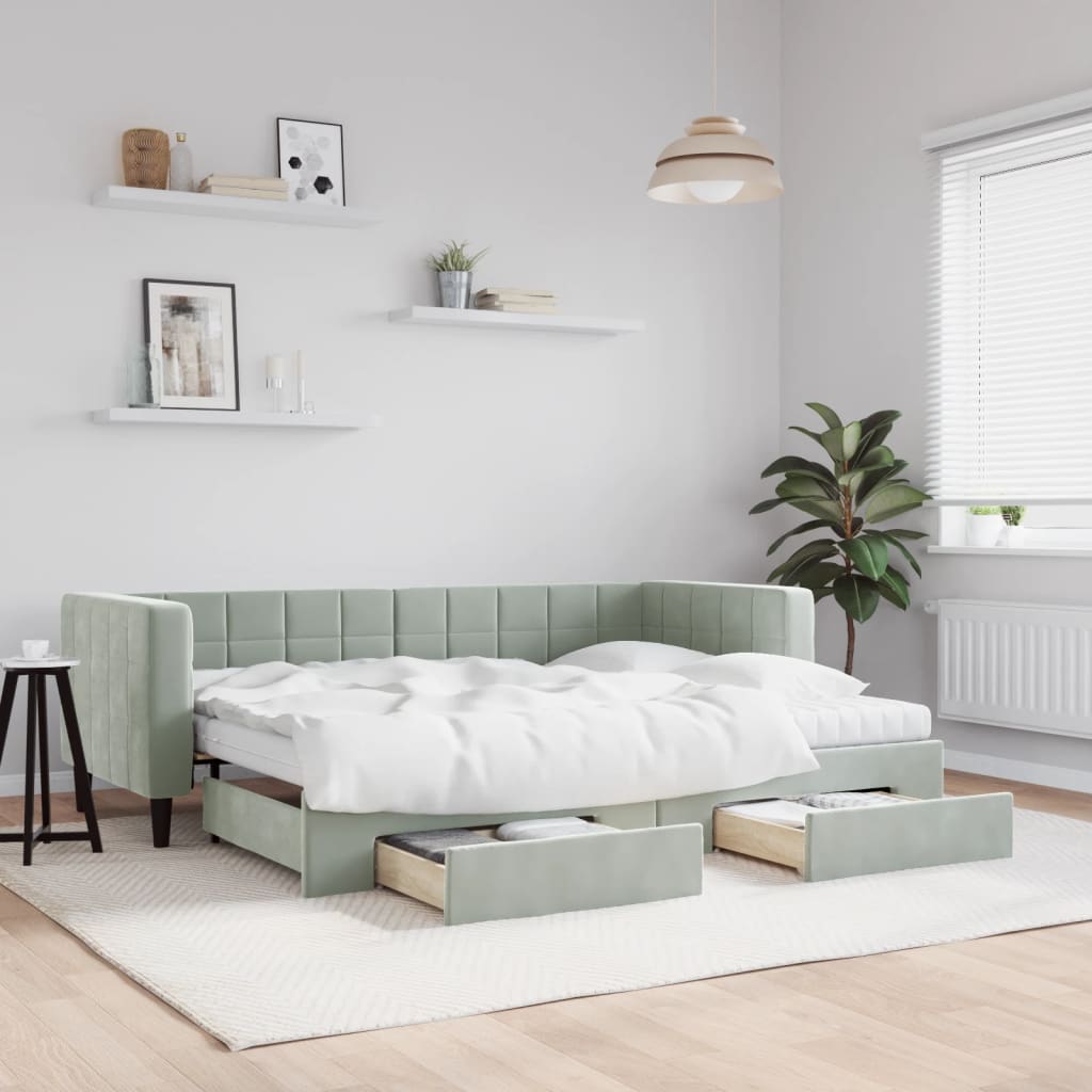 Divano Letto Estraibile Cassetti Grigio Chiaro 80x200cm Velluto