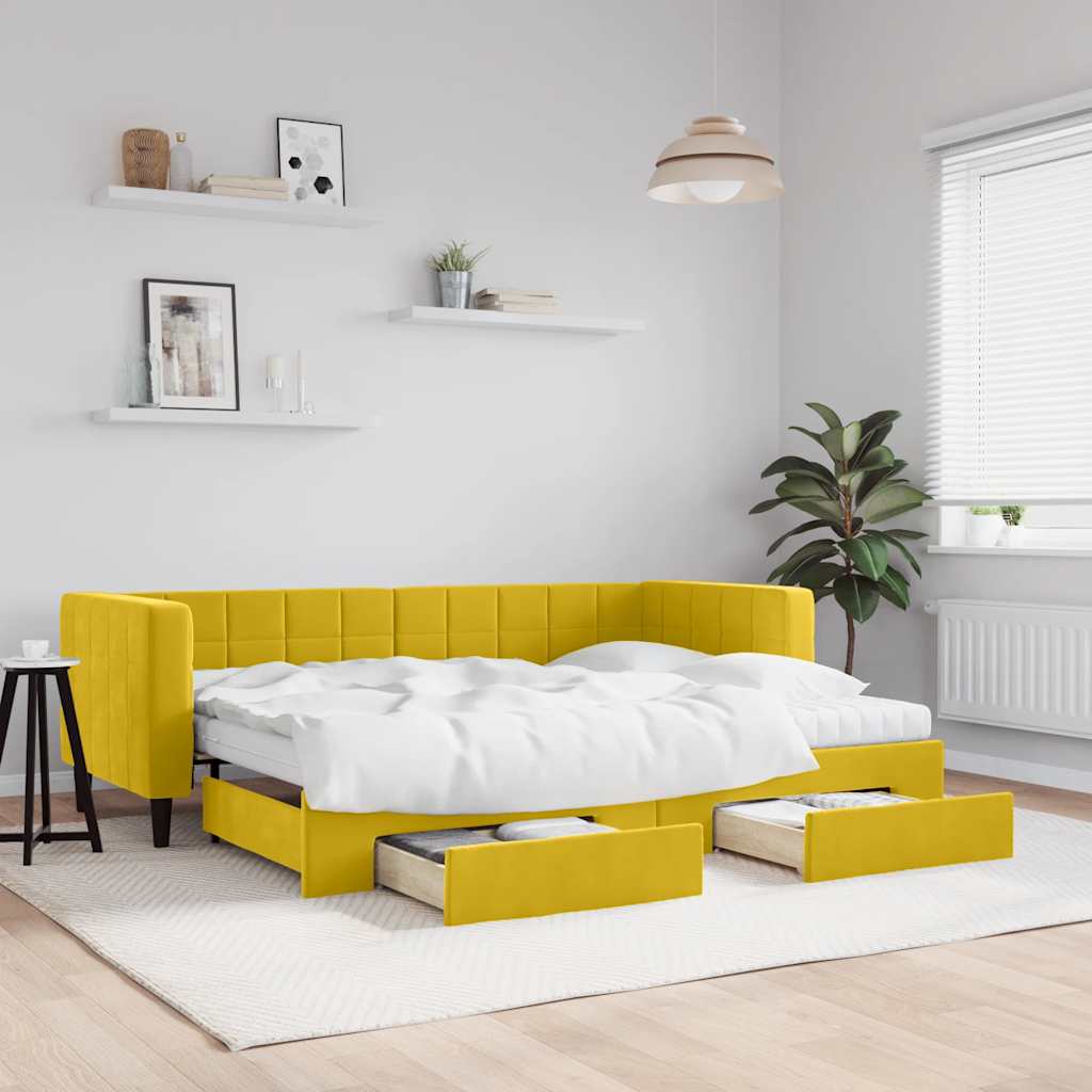 Divano Letto Estraibile con Cassetti Giallo 80x200cm in Velluto