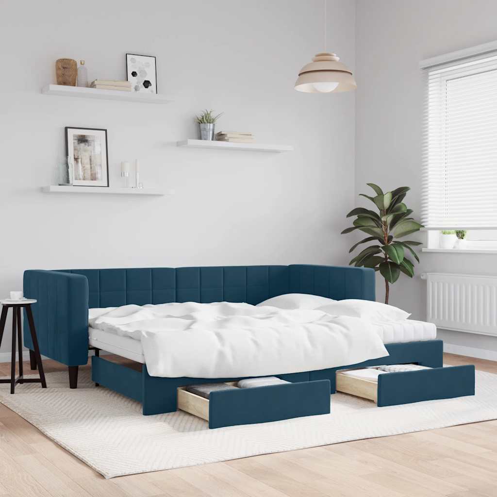 Divano Letto Estraibile con Cassetti Blu 90x200 cm in Velluto