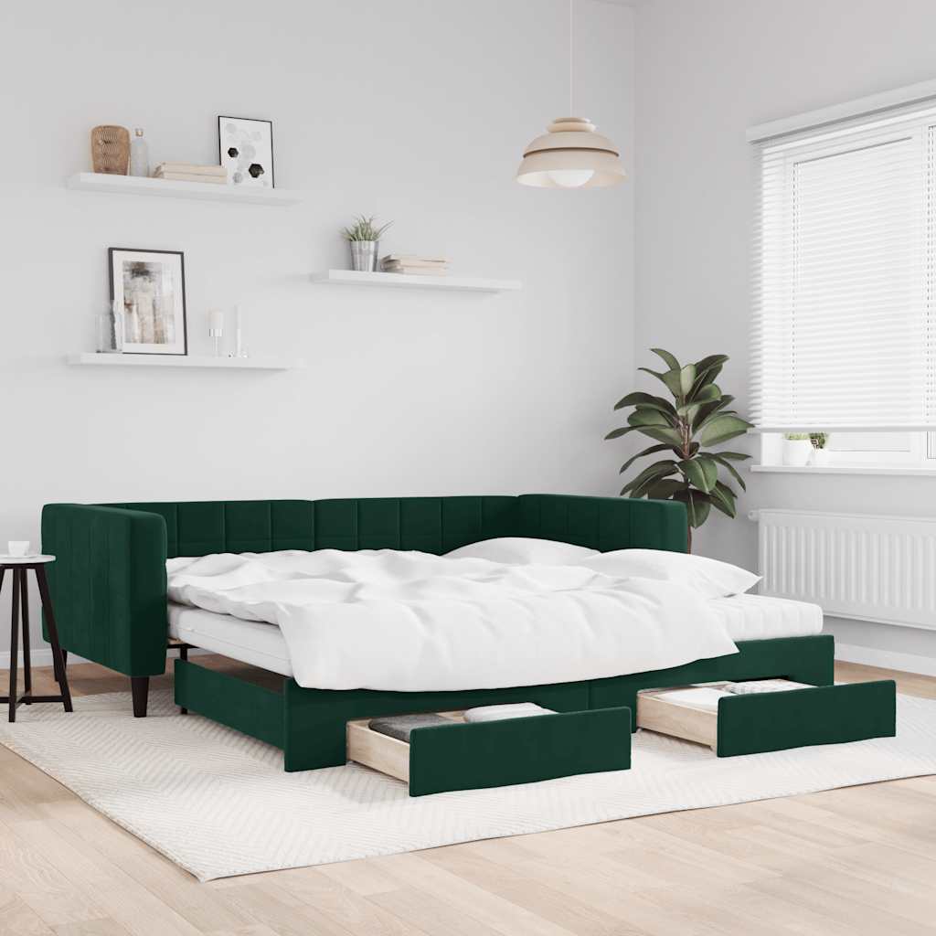 Divano Letto Estraibile Cassetti Verde Scuro 100x200cm Velluto
