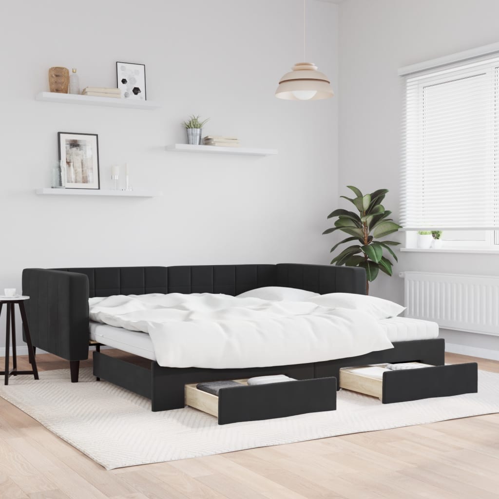 Divano Letto Estraibile con Cassetti Nero 100x200 cm in Velluto