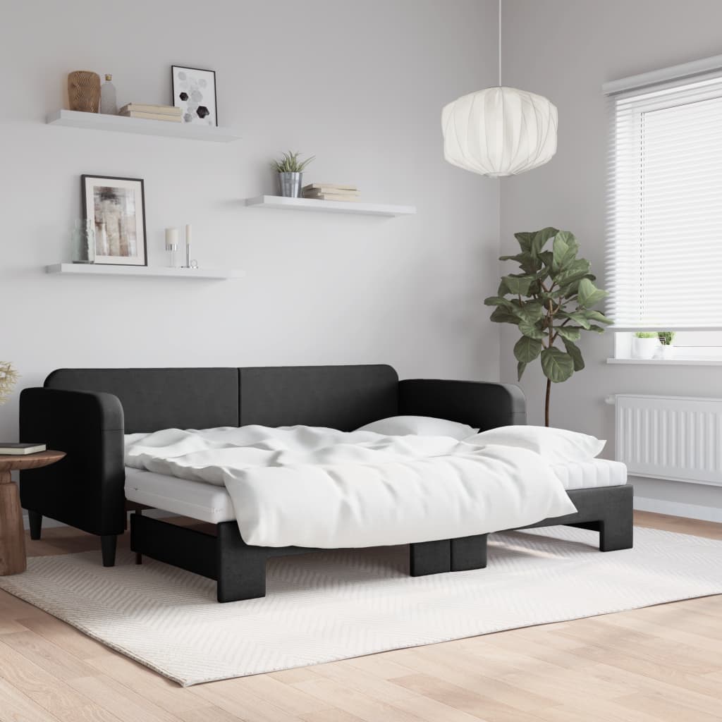 Divano Letto Estraibile con Materassi Nero 90x190 cm in Tessuto