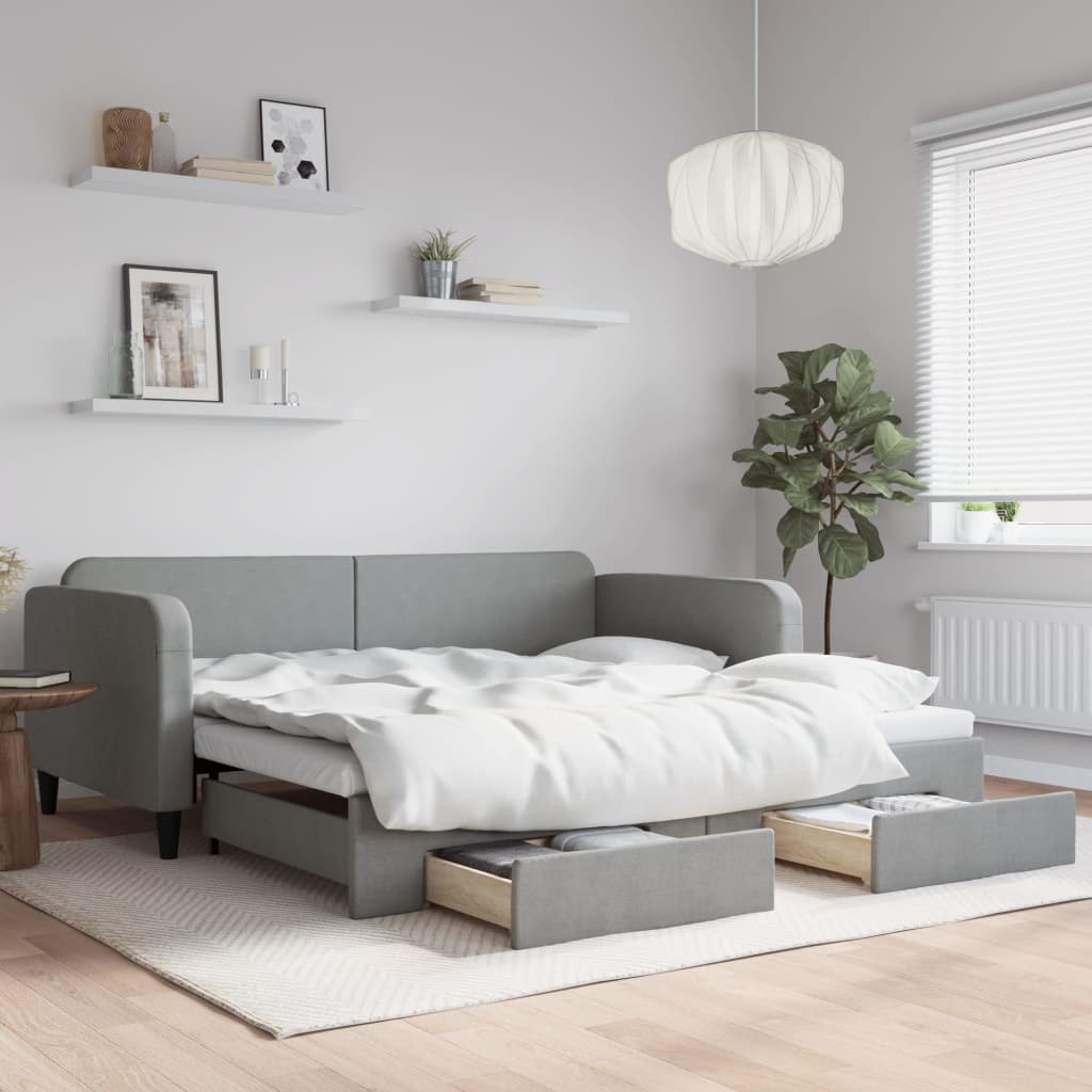 Divano Letto Estraibile Cassetti Grigio Chiaro 100x200 Tessuto